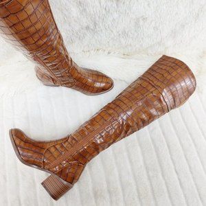 Tan Crocodile Knee High Boots 2.5" Block Heels